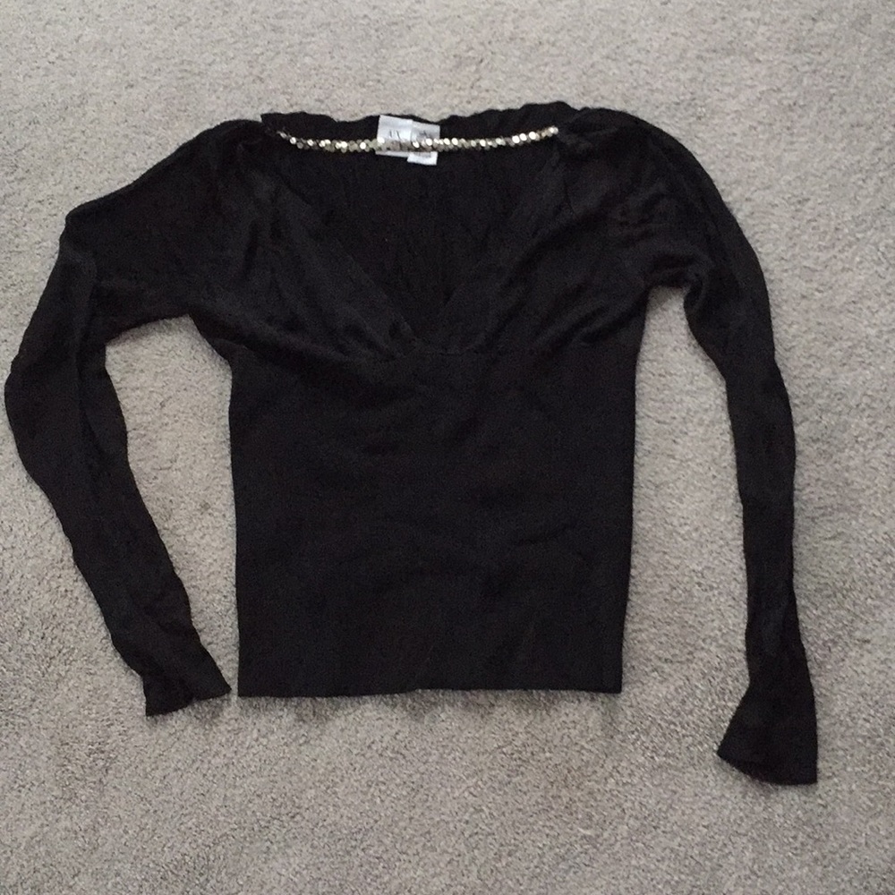 Slinky Black Long-sleeve Shirt w/ Sequined Strap